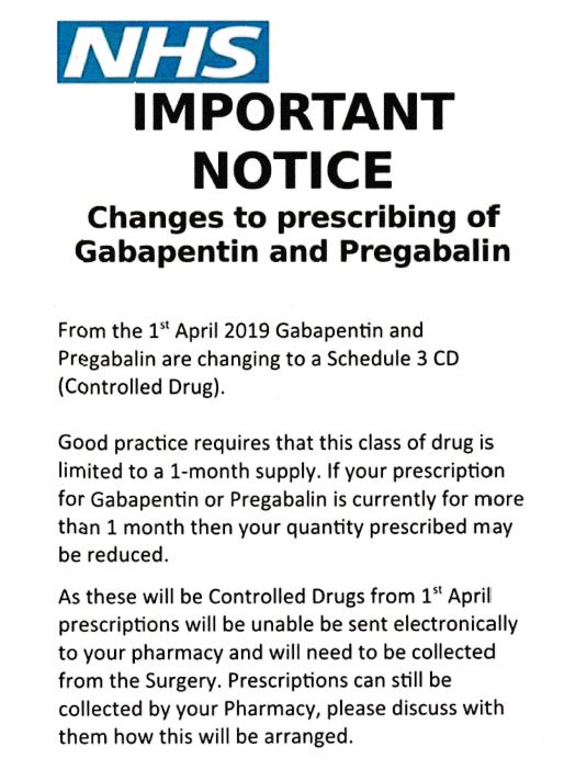 IMPORTANT NOTICE ~ Changes to prescribing of Gabapentin and Pregabalin